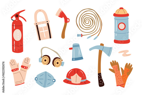 Firefighting Tools: A graphic array of essential firefighting tools, meticulously arranged to showcase the equipment.
