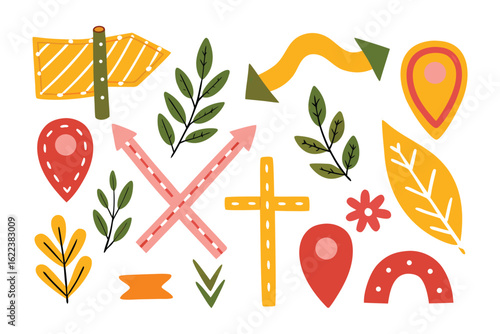 Navigational Icons: An array of whimsical navigational elements, including arrows, map markers, and decorative flourishes, artfully arranged on a clean canvas to represent guidance, wayfinding.
