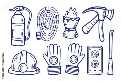 Firefighter's Tools in Sketch: A detailed illustration of essential firefighting tools, perfectly capturing the essence of safety and preparedness.