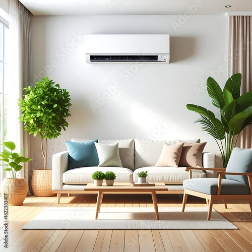 Modern living room with AC unit, sofa, plants, and wooden floors