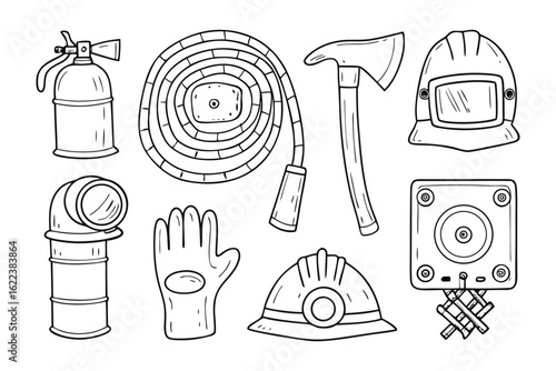 Firefighter's Tools and Equipment Illustration: A collection of essential firefighting tools and safety gear are artfully arranged, conveying a sense of readiness, professionalism.