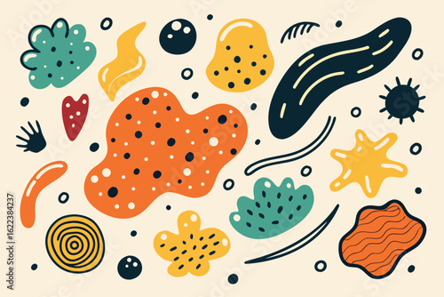 Playful abstract shapes create a vibrant, modern pattern perfect for backgrounds and playful designs, adding a touch of whimsy and creativity to any project, originally a vector graphic