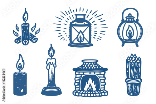 Vintage Candles and Fire Elements: A collection of vintage-style illustrations, capturing the warm ambiance of candlelight and the hearth's glow, perfect for evoking a sense of cozy and classic charm.