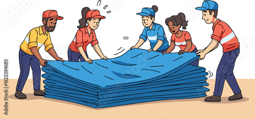 Diverse Team Carefully Moving a Stack of Blue Tarps