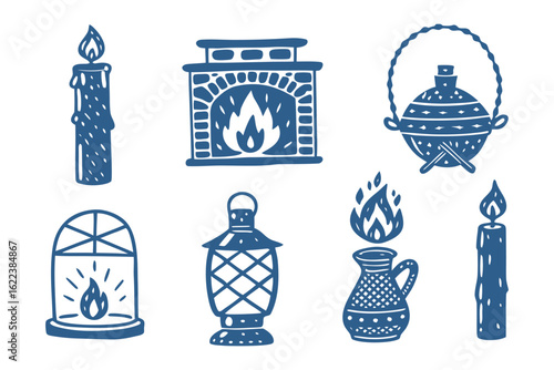 Glowing Embers: A curated collection of hand-drawn illustrations showcasing flickering flames within various settings. Emitting warmth and charm.