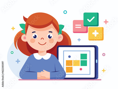 Girl learning math on tablet with colorful game elements education