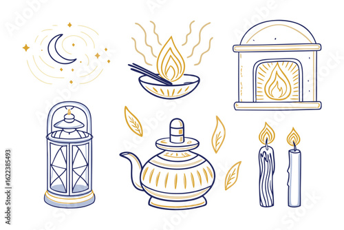 Enlightening Symbols: A collection of artistic elements that evoke a sense of peace, harmony and spiritual contemplation. Evoking a sense of quiet and deep thought.