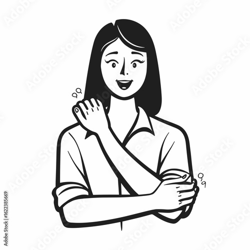 Smiling woman comfortably hugging herself with a joyful expression
