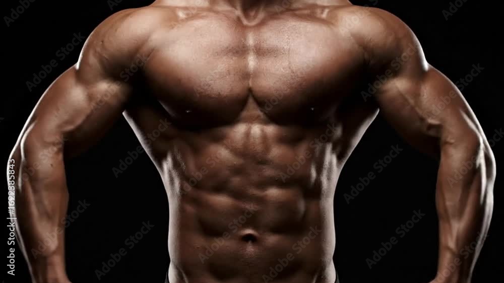 Muscular torso displaying defined pectoral muscles and abdominal muscles against a black backdrop Muscular torso displaying defined pectoral muscles and abdominal muscles against a black backdrop
