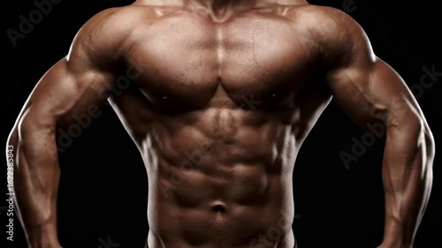 Muscular torso displaying defined pectoral muscles and abdominal muscles against a black backdrop