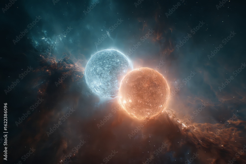 Obraz premium Two Glowing Spheres In A Colorful Nebula