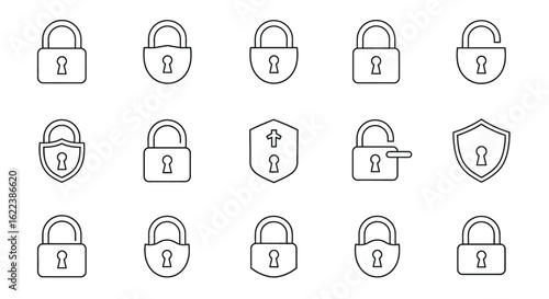 Lock icon collection. Locked and unlocked black line icon set. Flat security symbol