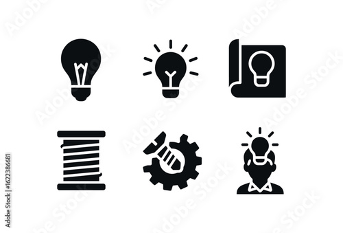 flat black solid icon items isolated on white background young inventor (symbols): lightbulb idea spark blueprint wire coil screw gear invention icon