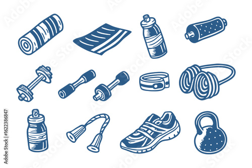 Gym Essentials Icon Set: A collection of meticulously illustrated icons of gym equipment in a unified style, perfect for fitness applications.