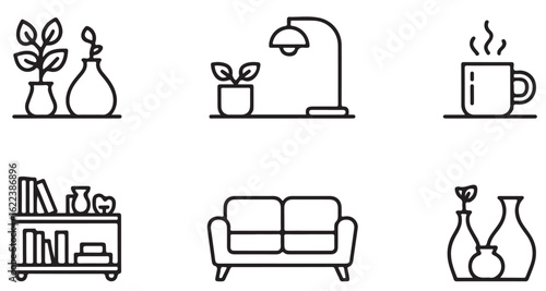 Line art icons of living room furniture and decor