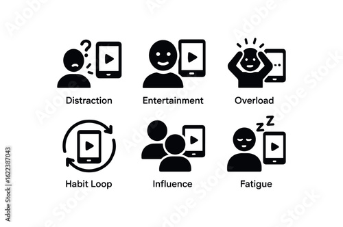 flat black solid icon items isolated on white background media consumption habit (effects): distraction entertainment overload habit loop influence fatigue