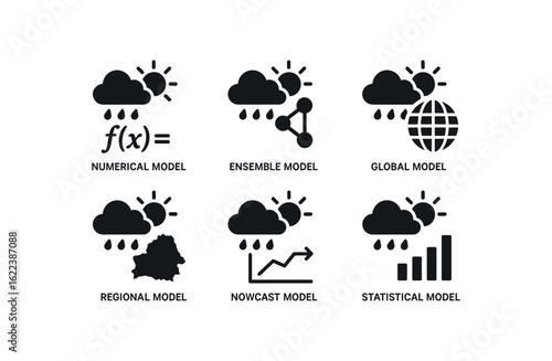 flat black solid icon items isolated on white background weather forecasting model (types): numerical model ensemble model global model regional model nowcast model statistical model