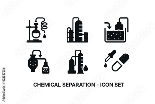 flat black solid icon items isolated on white background chemical separation (contexts): laboratory industrial plant wastewater treatment food processing oil refining pharmacy