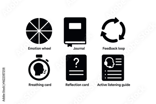 flat black solid icon items isolated on white background emotional intelligence (tools): emotion wheel journal feedback loop breathing timer reflection card active listening guide