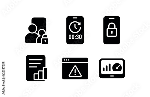 flat black solid icon items isolated on white background screen time limit (tools): parental control app timer lock screen usage log warning popup digital dashboard