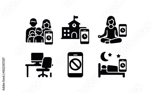 flat black solid icon items isolated on white background screen time limit (contexts): family setting school personal wellness office digital detox bedtime
