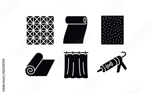 flat black solid icon items isolated on white background soundproofing (materials): acoustic foam mass loaded vinyl insulation panel rubber mat sound curtain sealant