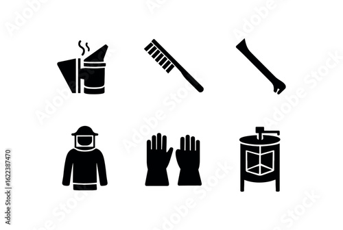flat black solid icon items isolated on white background beekeeper (tools): hive smoker bee brush hive tool beekeeping suit gloves honey extractor