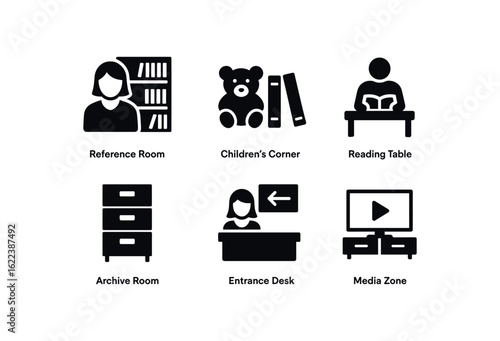flat black solid icon items isolated on white background librarian (spaces): reference room children corner reading table archive room entrance desk media zone
