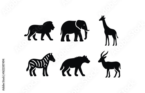 flat black solid icon items isolated on white background savanna ecosystem (animals): lion elephant giraffe zebra hyena antelope