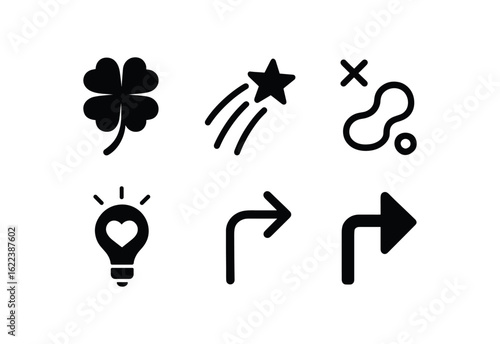 flat black solid icon items isolated on white background serendipity (symbols): four leaf clover lucky spark trail open path heart light arrow shift