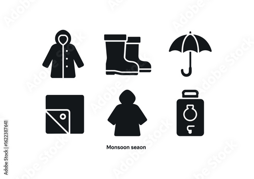 flat black solid icon items isolated on white background monsoon season (gear): raincoat umbrella tarp poncho water bag