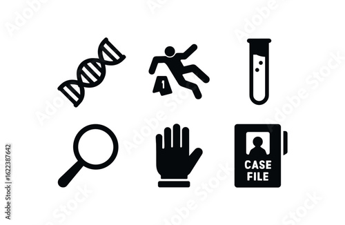flat black solid icon items isolated on white background forensic scientist (symbols): DNA helix crime icon test tube magnifying glass glove icon case file