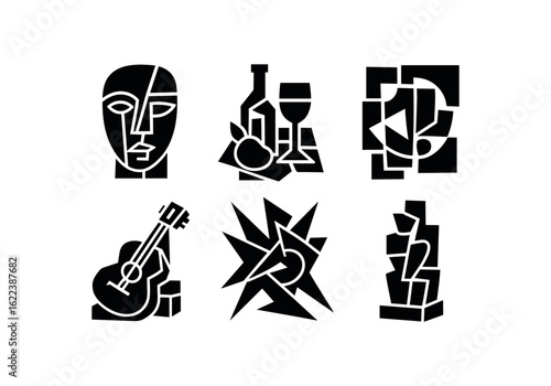 flat black solid icon items isolated on white background cubism (styles): analytic cubism synthetic cubism monochrome collage sculptural dynamic