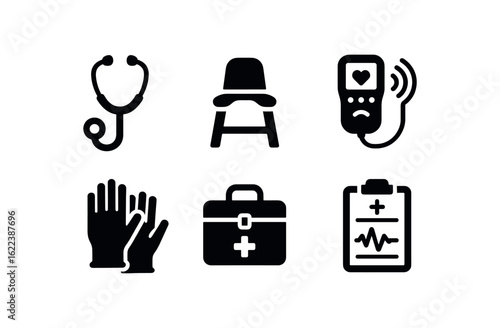 flat black solid icon items isolated on white background midwife (tools): stethoscope birthing stool fetal doppler gloves delivery kit record chart