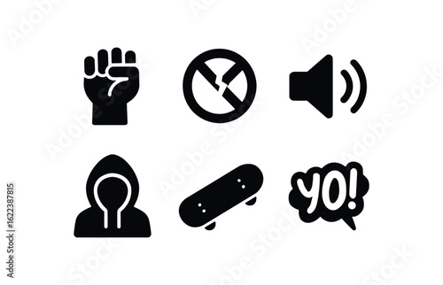 flat black solid icon items isolated on white background teenage rebellion (symbols): fist icon broken rule loud volume hoodie shadow skate icon message graffiti