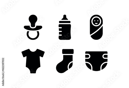 flat black solid icon items isolated on white background newborn infant (objects): pacifier baby bottle soft blanket onesie tiny sock diaper