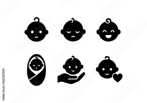 flat black solid icon items isolated on white background newborn infant (emotions): innocence calm joy fragility warmth love
