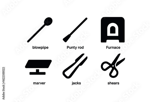 flat black solid icon items isolated on white background glassblow (tools): blowpipe punty furnace marver jacks shears