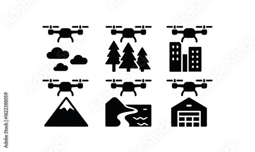 flat black solid icon items isolated on white background autonomous drone (environments): sky forest city mountain coast warehouse