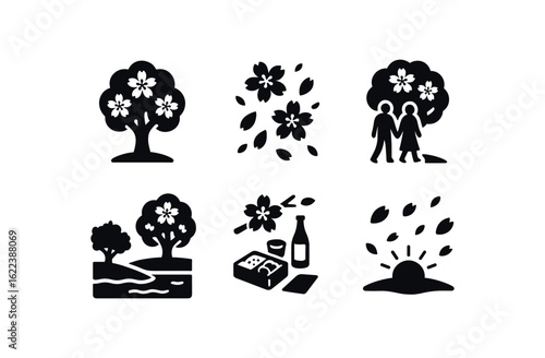flat black solid icon items isolated on white background cherry blossom season (scenes): blooming tree petal fall park walk river view hanami picnic sunrise petals