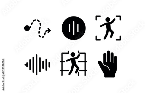 flat black solid icon items isolated on white background choreographer (symbols): movement line rhythm icon pose frame beat wave dance grid gesture hand