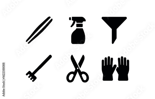 flat black solid icon items isolated on white background terrarium (tools): tweezers spray bottle funnel rake scissors gloves