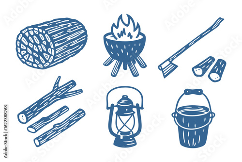 Camping Equipment: A collection of hand-drawn camping equipment, showcasing the essence of outdoor adventures and nature exploration. 