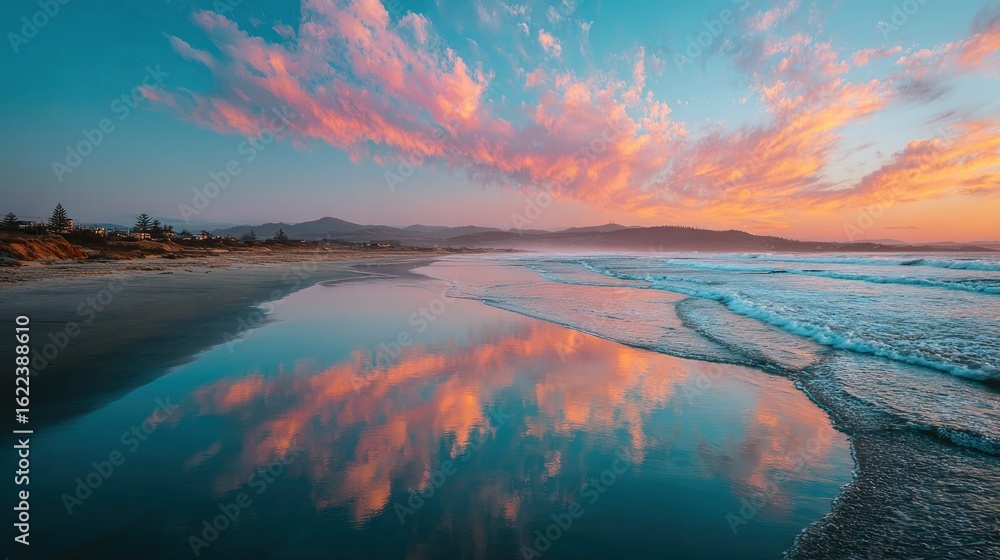 Fototapeta premium Beach sunset reflection. Pink clouds mirrored in calm water