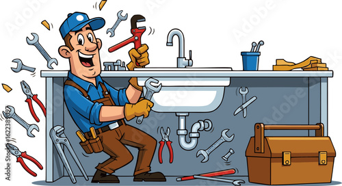 Cartoon Plumber Fixing Sink with Wrenches and Toolbox Illustration