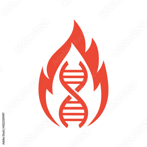Red D N A helix icon surrounded by stylized flames on a white background gene science