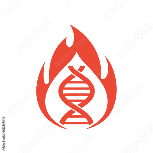 Red D N A helix inside abstract flame shape on white background genetic science