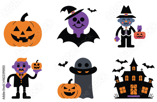 Halloween themed cartoon vector illustration set