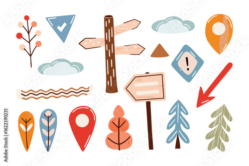 Navigational Doodle Elements: A whimsical ensemble of doodle-style navigational icons, including directional signs, markers, and natural elements.