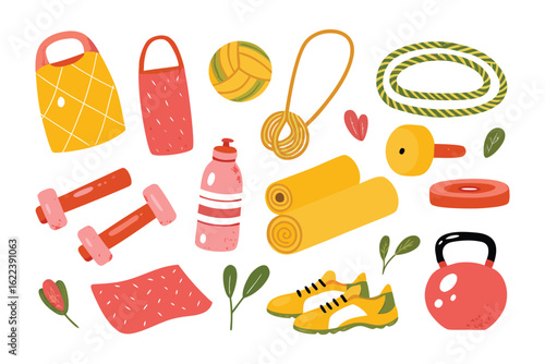 Essential Fitness Gear: A curated collection of vital fitness equipment arranged in a visually appealing flat lay, promoting wellness, and active lifestyles.